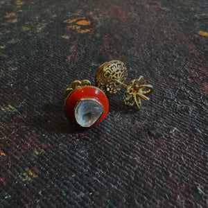 18K Gold Polki Stud Earrings with Red Enamel