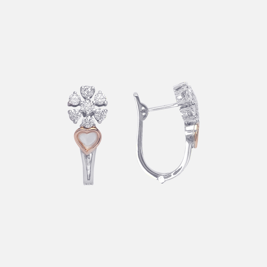 18K Gold Flower Heart Diamond Earrings with English Lock