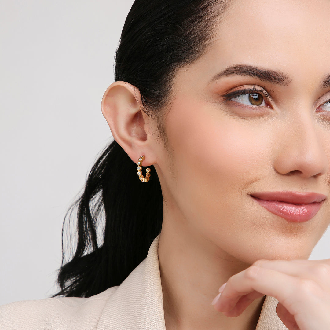 18K Yellow Gold and Diamonds Bezel Hoop Earrings