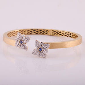 18K Gold, Diamonds and Sapphires Cuff Bangle in Brushed Gold Finish