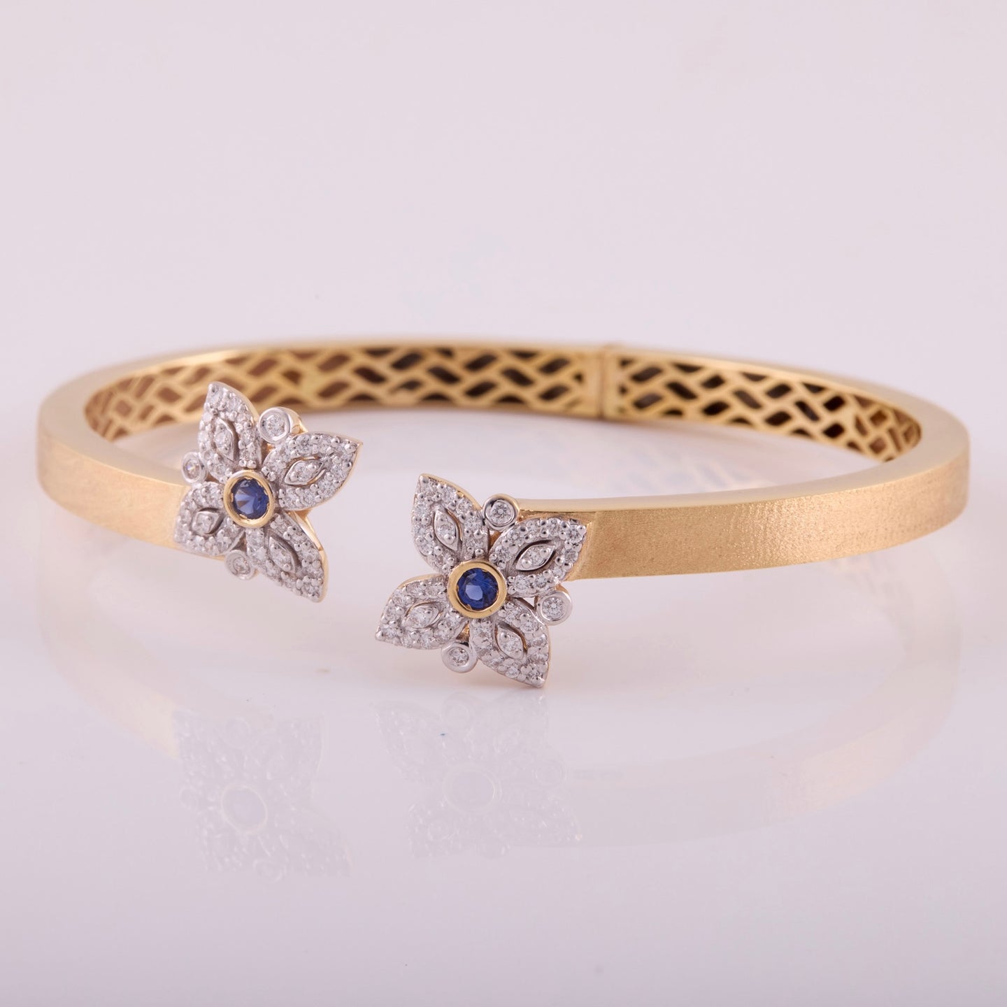 18K Gold, Diamonds and Sapphires Cuff Bangle in Brushed Gold Finish