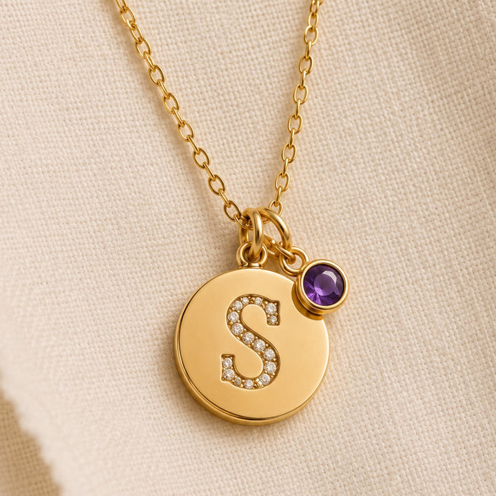 18K Yellow Gold Initial and Birthstone Disc Pendant