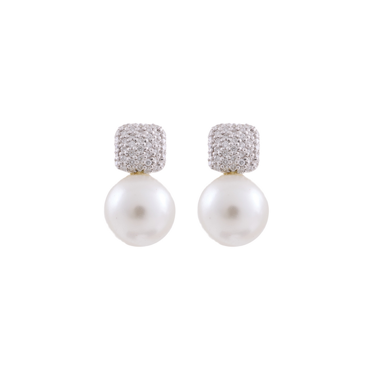 18K White Gold and Diamonds Cushion Dome Earrings with Detachable Pearl