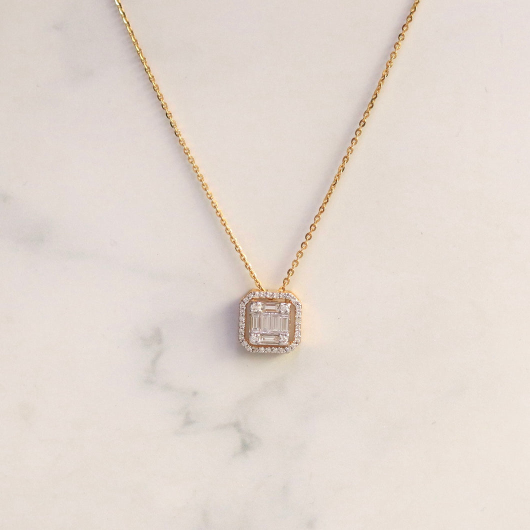 18K Gold and Baguette Diamond Pendant in Emerald Cut Setting with Halo