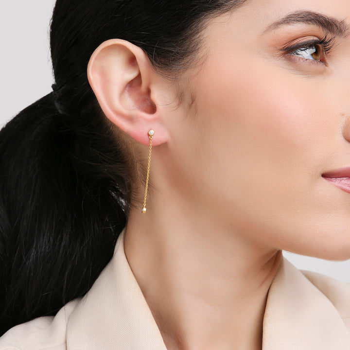 18K Yellow Gold and Diamonds Bezel Chain Long Earrings