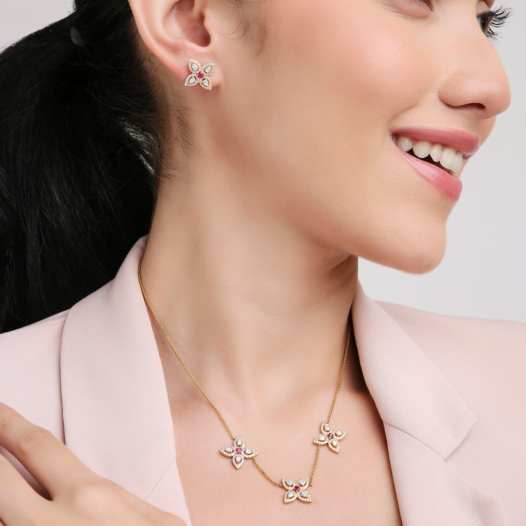 18K Yellow Gold, Diamond and Ruby Petal Earrings