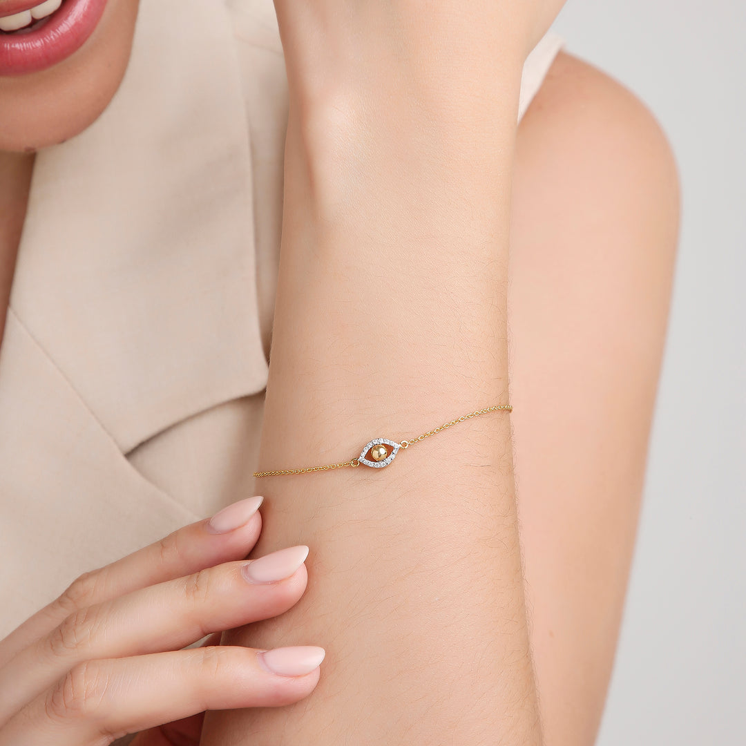 18K Yellow Gold Bead and Diamond Nazar Bracelet