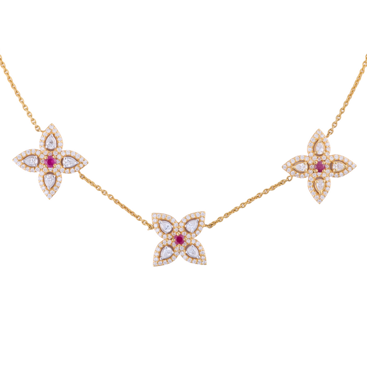 18K Yellow Gold, Diamond and Ruby Petal Chain Necklace