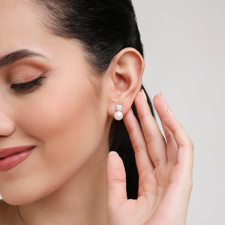 18K White Gold and Diamonds Cushion Dome Earrings with Detachable Pearl