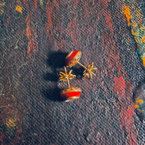 18K Gold Polki Stud Earrings with Red Enamel