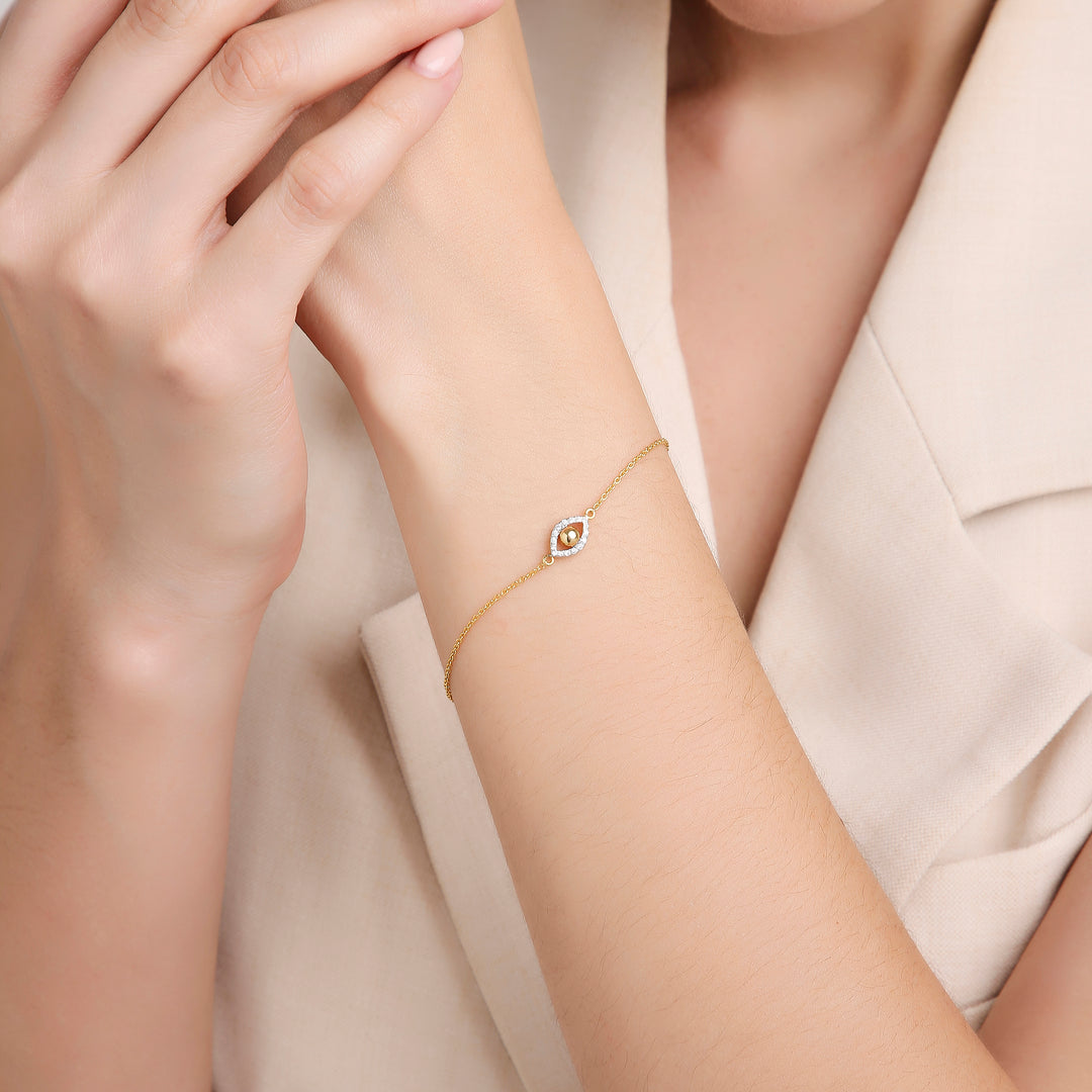 18K Yellow Gold Bead and Diamond Nazar Bracelet