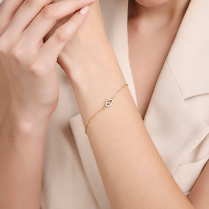 18K Yellow Gold Bead and Diamond Nazar Bracelet