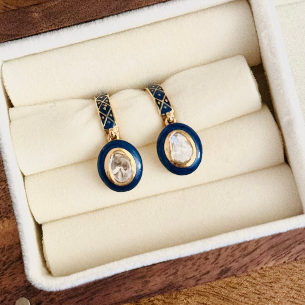 18K Gold Polki Vali Earrings with Blue Enamel