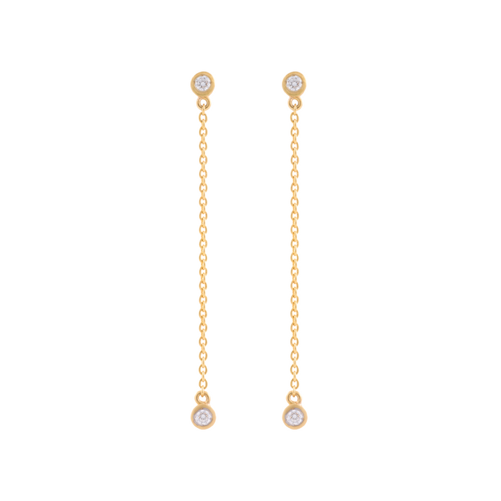 18K Yellow Gold and Diamonds Bezel Chain Long Earrings