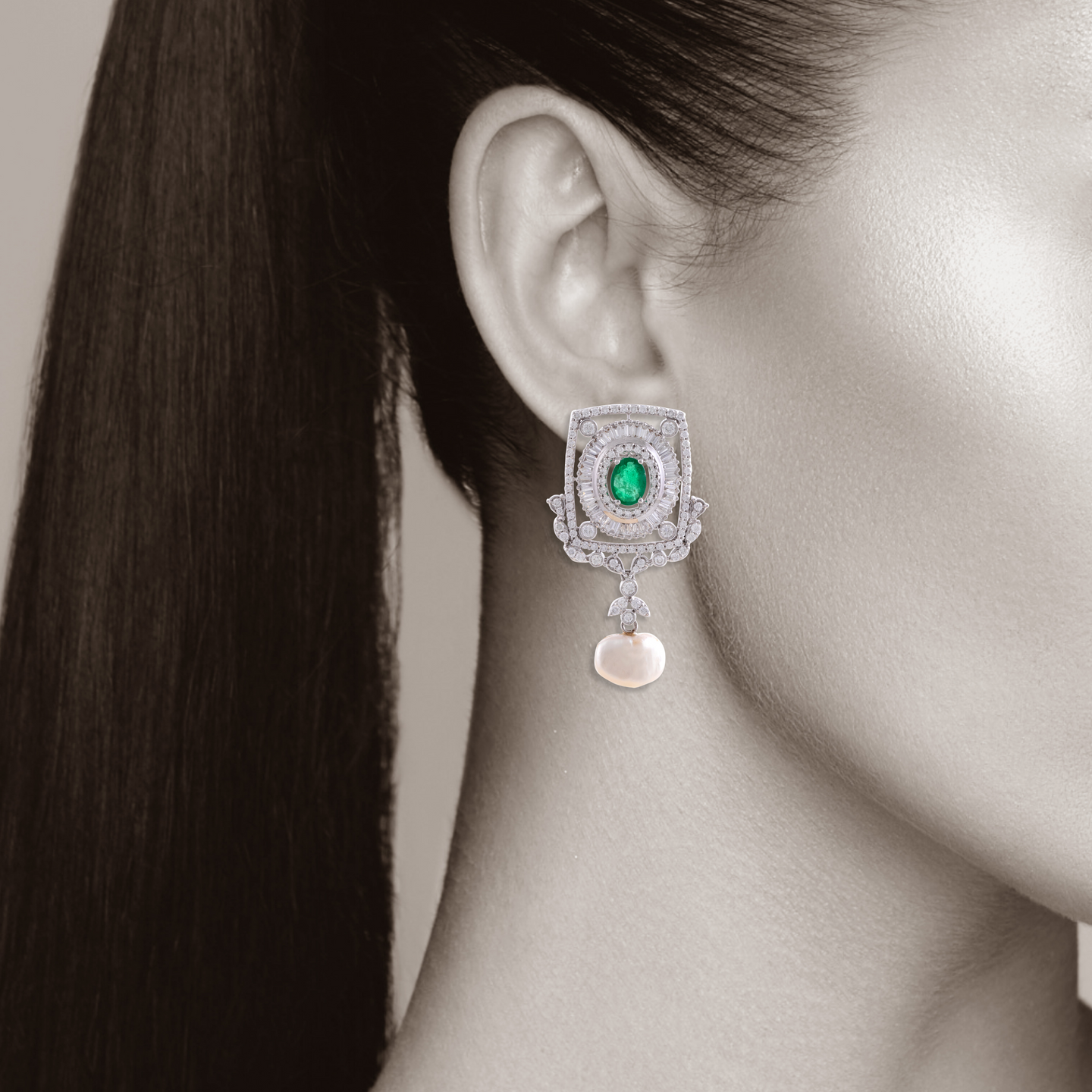 18K Gold Emerald, Pearl and Diamond Earrings